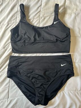 Nike Black Athletic Two-Piece Swim Set with White Swoosh